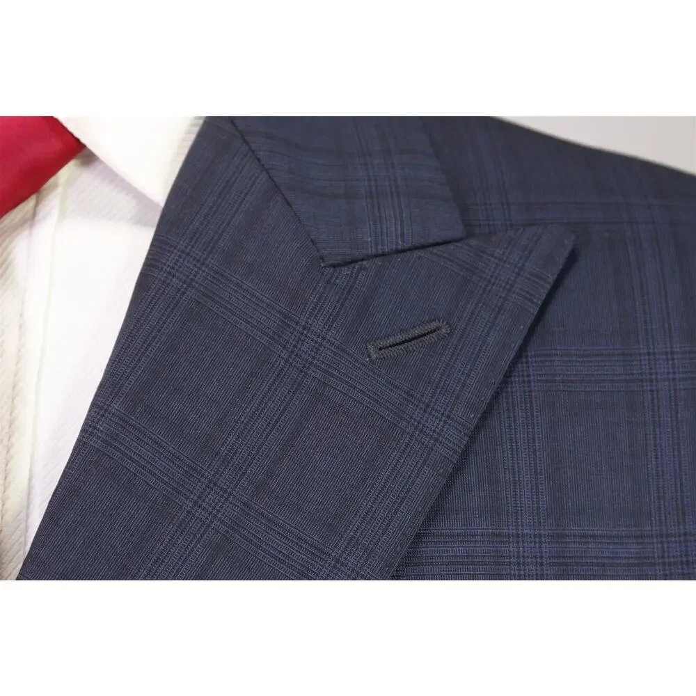 Peter Millar Navy Blue Black Plaid Check Black Double Breasted Wool Suit 44R